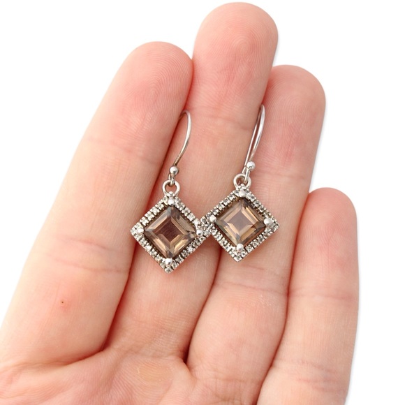 Estate Smoky Quartz Sterling Silver Dangle Earrings White Topaz Halo Square Cut - Picture 4 of 4